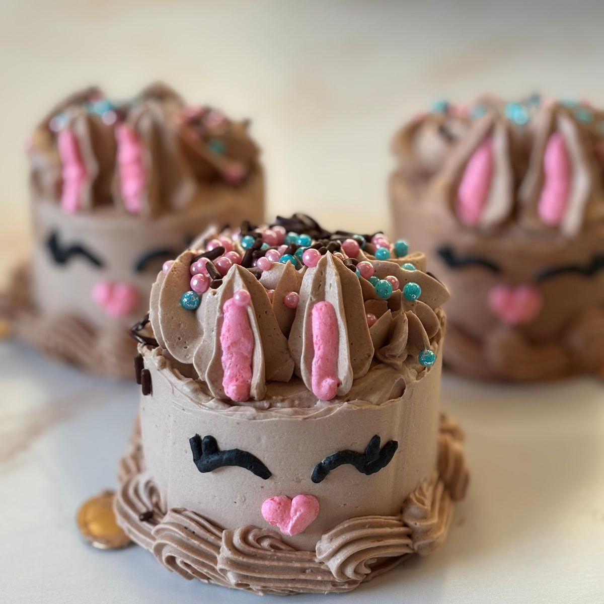 Small cake decorated like a chocolate bunny with pink ears, black eyes, and a heart nose on a white surface.