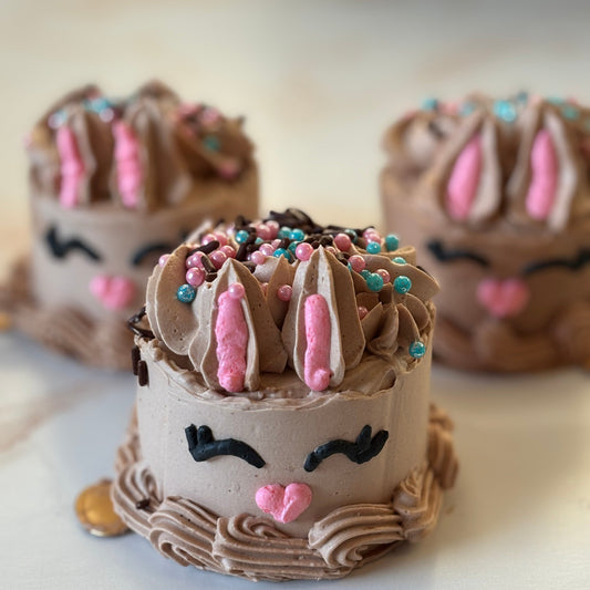 Small cake decorated like a chocolate bunny with pink ears, black eyes, and a heart nose on a white surface.